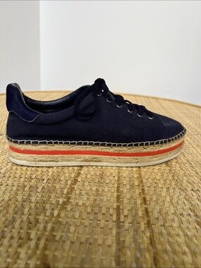 Vince Camuto Jannel platform sneaker navy canvas orange stripe espadrill 8